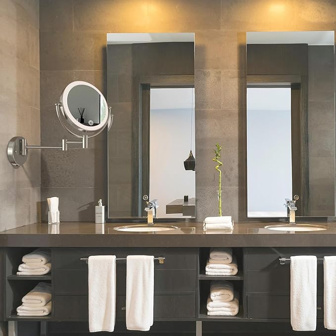 Hard Wired Makeup Mirror with Lights Wall Mounted with Magnification, 8 Inch Double Sides 10X Magnifying Bathroom Mirror 3 Color Lighting Touch Dimming, Extended Arm Shaving Mirror, Brushed Nickel