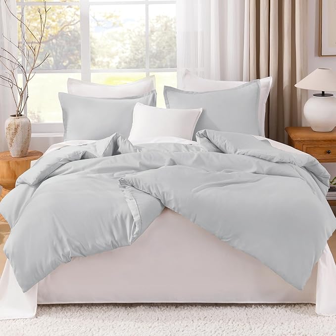 Litanika Light Grey Comforter Queen Size, 3 Pieces Lightweight Solid Bedding Comforter Set, All Season Fluffy Bed Set (90x90In Comforter & 2 Pillowcases)