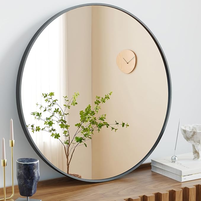 Sweetcrispy 30in Round Bathroom Mirrors for Wall, Bathroom Mirrors for Over Sink, Wall Decor for Bathroom, Entryway, Bedroom, Vanity, Classical Black