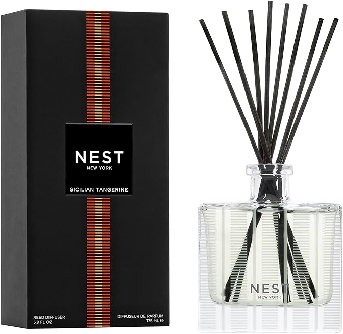 NEST New York Reed Diffuser, Sicilian Tangerine - 5.9 fl oz - Fragrance for Up to 90 Days - Reusable, Refillable Glass Holder - Includes 8 All-Natural Reed Sticks - Flame Free