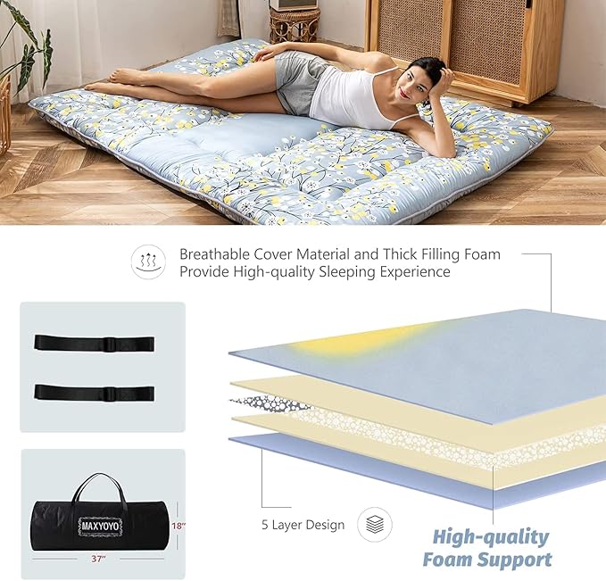 MAXYOYO Little Floal Japanese Futon Floor Mattress, Bed Mattress Topper Portable Thick Sleeping Pad Floor Bed Roll Up Camping Mattress Folding Couch Bed Mattress Pad for Guest Room, Full Size