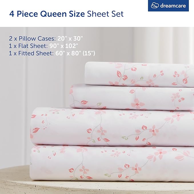 DREAMCARE Queen Size Sheets - Cooling Bed Sheets - 4pcs Set - Queen Sheet Set - Sheets Queen Size Bed - Queen Size Sheet Sets - Soft & Long Lasting 100% Fine Brushed Floral Sheets - Floral Blue