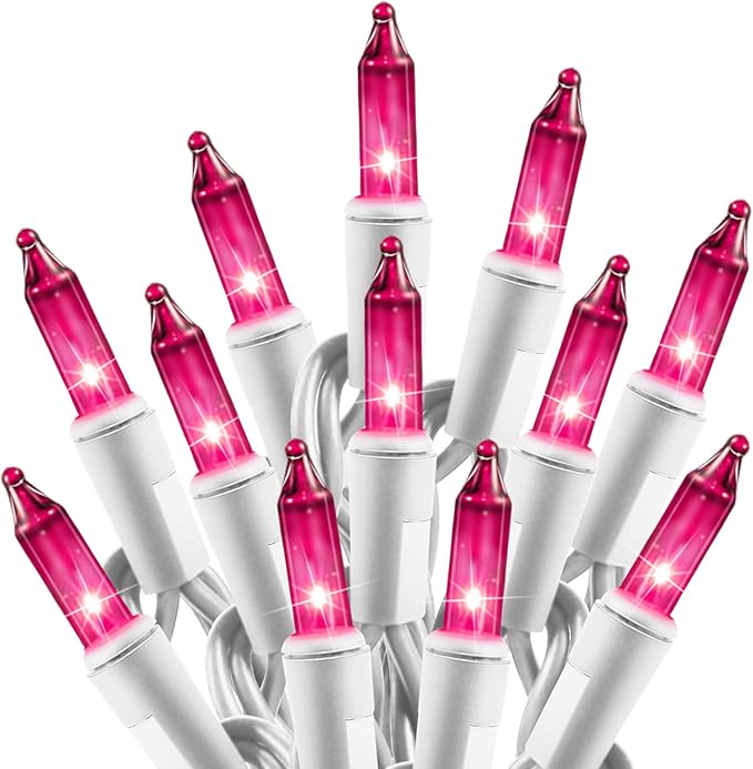 Christmas Pink Mini String Lights - 100 Count 25 Feet Detachable Incandescent Bulb Waterproof Fairy Lights Plug in for Indoor Outdoor Party Patio Xmas Tree Valentine's Day Decoration, White Wire