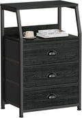 Furnulem Black Night Stand, Small Dresser for Bedroom, Nightstand with 3 Fabric Storage Drawers and 2-Tier Shelf, End Table Side Furniture for Closet, Hallway, Nursery, Sturdy Steel Frame, Wood Top