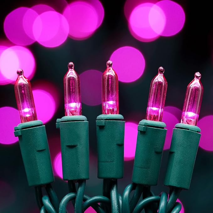 YULETIME 200 Count Pink LED Christmas Lights, 66 Feet Green Wire UL Certified Commercial Grade Holiday String Light Set (Pink)