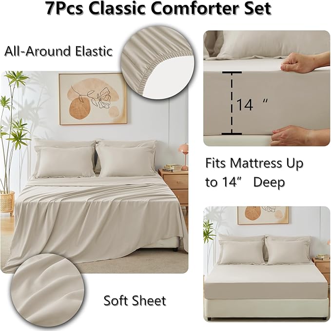 CozyLux Queen Comforter Set Oatmeal - Bed in a Bag Queen Size 7 Pieces, Luxury Soft Bed Set for All Seasons, Bedding Set with Down Alternative Comforter, Sheets, Pillowcases & Shams
