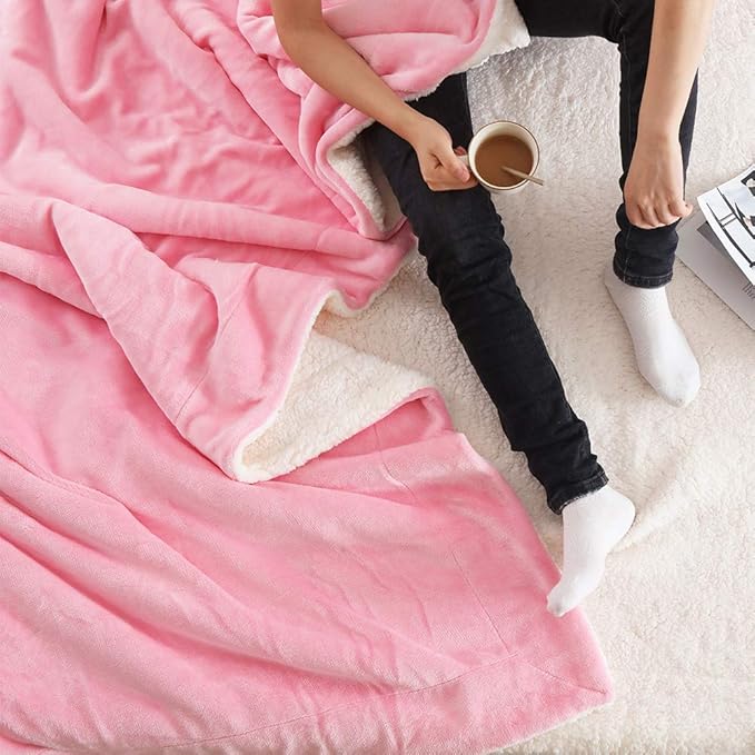 NANPIPER Flannel Blanket Reversible Sherpa Throw Blanket Super Soft Fuzzy Plush Fleece (90"x90",Pink) Queen