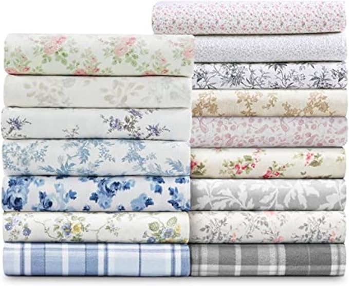 Laura Ashley - Flannel Sheets King Size, Anti-Pilling & Wrinkle Resistant Cotton, Touchably Soft for All-Season Comfort - Bed Sheets with Matching Pillowcases & Fitted Sheet (Chelsie Vine Grey)