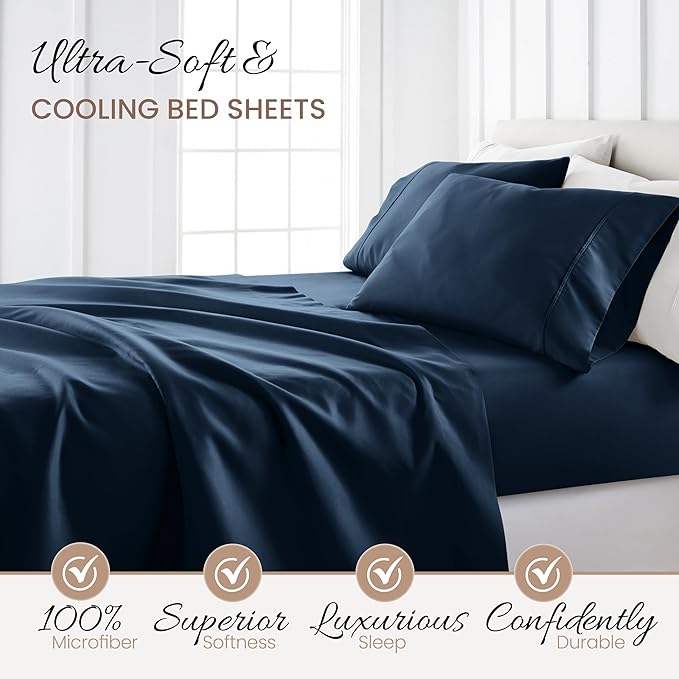 Linen Market Brushed Microfiber Queen Sheet Set 4 Piece – Oeko-TEX Certified Ultra Soft & Wrinkle-Free - 16" Deep Pocket Sheets - Easy Care Queen Size - Navy