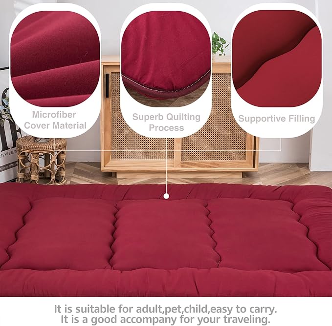 MAXYOYO Japanese Floor Mattress Futon Mattress Thicken Tatami Mat Sleeping Pad Roll Up Mattress Floor Lounger Bed Folding Couch Bed Mattress Pad for Guest Room, Burgundy, King Size