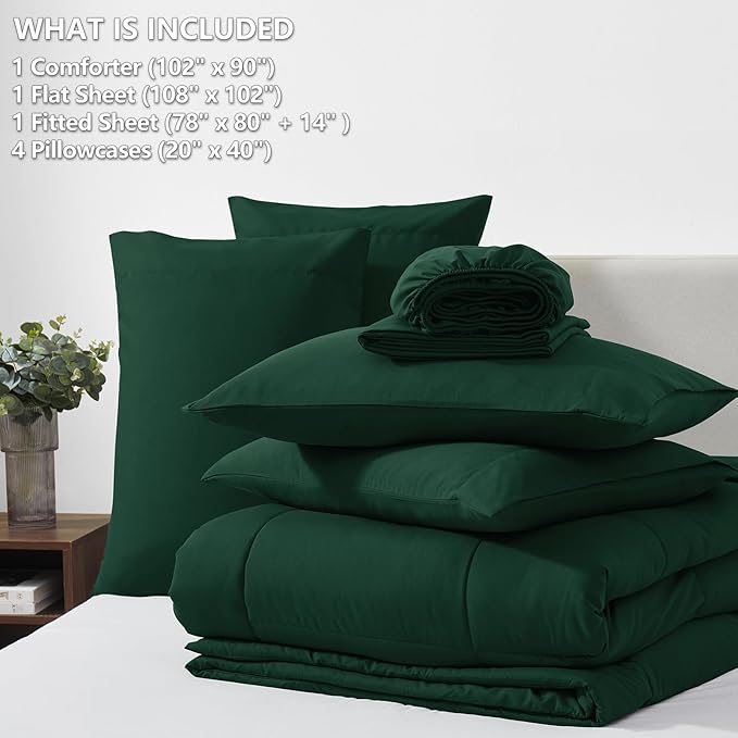 CozyLux King Size Comforter Set Emerald Green, 7 Pieces Bed in a Bag, Green Comforter King Size, All Season Bedding Sets with Stitch Quilted Comforter, Flat Sheet, Fitted Sheet, Pillowcases