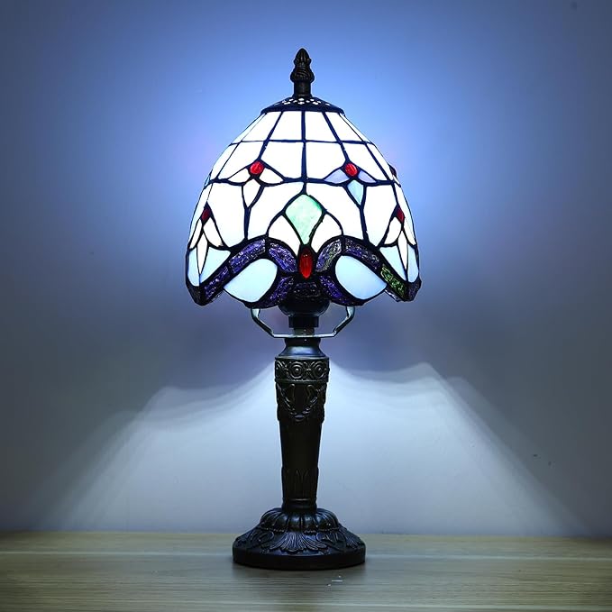 Tiffany Small Lamp Blue Baroque Stained Glass Table Lamp 3 Way Color-Temparetures Bedside Nightstand Table Lamps for Bedroom Living Room Home Office Desk Light W/LED Bulb 6X6X12.5Inch