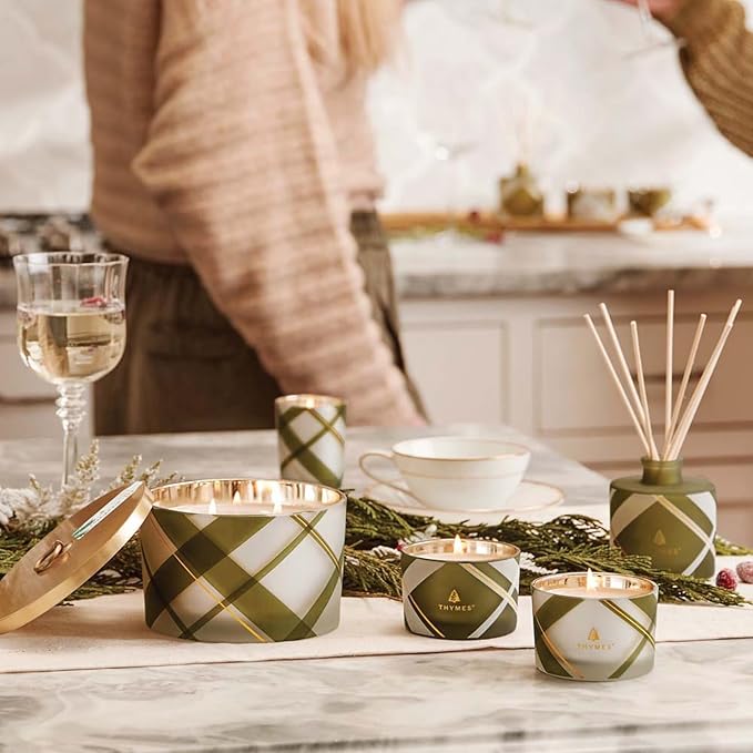 Thymes Frasier Fir Reed Diffuser Set – Includes Reeds, Fragrance Oil, and Frosted Glass Bottle – Fragrance Oil Diffuser – Room Fresheners – Luxury Home Decor – Green & White (Frosted Plaid, 4 fl oz)