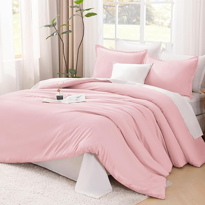 Litanika California King Size Pink Comforter Set, 3 Pieces Cal King Aesthetic Soft Solid Bedding Comforter Set, All Season Fluffy Bed Set (104x96In Comforter & 2 Pillowcases)