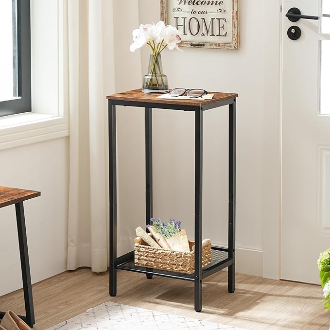 HOOBRO Tall Side Table, Industrial End Telephone Table with Adjustable Mesh Shelves, for Living Room, Bedroom, Entryway, Office, Rustic Brown and Black BF03DH01