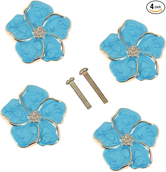 4 pcs Petal Handles Colorful Drawer Knobs Flower Petal Cabinet Dresser Knobs for Girl's Room Dresser Cupboard Drawer Wardrobe Decorative Furniture Knobs (Blue)