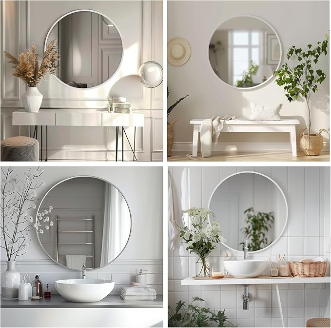 White Round Mirror 30 inch, Large Round Mirror, Bathroom Mirror Matte Metal Frame, Circle Mirrors for Living Room, Bathroom, Wall, Hallway.