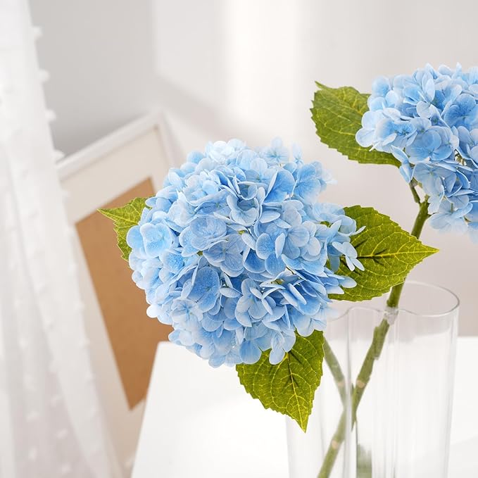 Waipfaru 21" Real Touch Blue Hydrangea Artificial Flowers with Long Stem & Leaves, Full Latex Faux Hydrangea Flowers for Home Decor Party Floral Arrangements Wedding Bouquets Centerpieces, 3Pcs