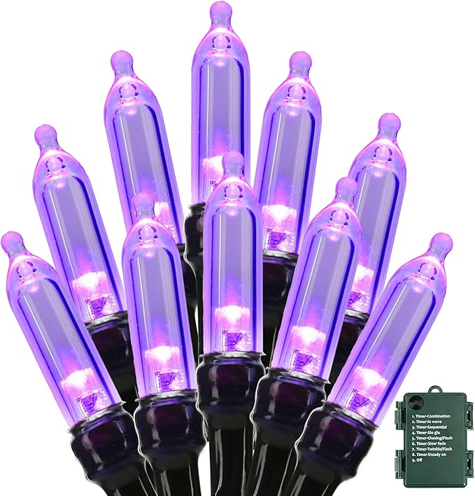 BrizLabs Purple Halloween Lights, 33ft 100 LED Halloween String Lights, 8 Modes Battery String Light with Timer, Indoor Outdoor Battery Purple Tree Light for Party Christmas Tree Bedroom Patio Decor