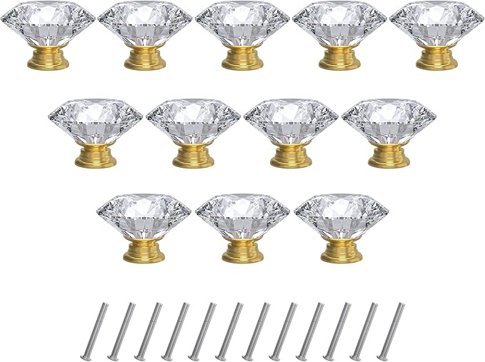 12-Pack Crystal Glass Cabinet Knobs for Home Decor, Vanity Drawers, Desks, Wardrobe Doors, Standard Screws Easy Installation for Home Refurbishment and Redecoration (Clear Crystal, 30mm, Gold Base)