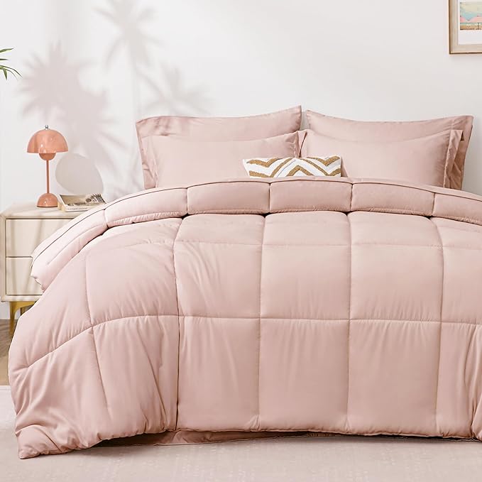 Love's cabin Full Comforter Set Blush Pink, 7 Pieces Full Bed in a Bag, All Season Bedding Sets with 1 Comforter, 1 Flat Sheet, 1 Fitted Sheet, 2 Pillowcase and 2 Pillow Sham