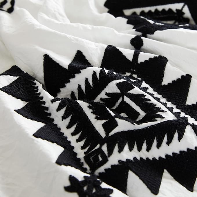 MaiRêve Embroidery Boho Comforter Sets Full Size - 7 Piece, Farmhouse Western White Black Comforter Set, All Season Bed in A Bag Full Size with Sheets, Pillowcases & Shams