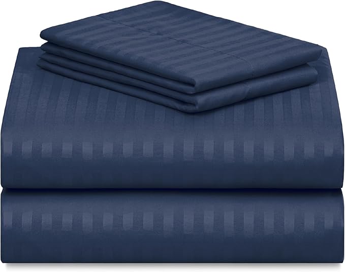 LuxClub 4 PC Cal King Size Sheet Set Bed Sheets, Breathable Luxury Deep Pockets Wrinkle Free Cooling Sheets Machine Washable Hotel Bedding (Cal King, Striped Navy)