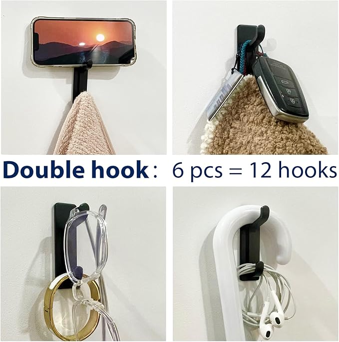 pickpiff Wall Hooks for Coat and Towel: 13LB Adhesive Door Hanger Stick on, Black 6 Pack