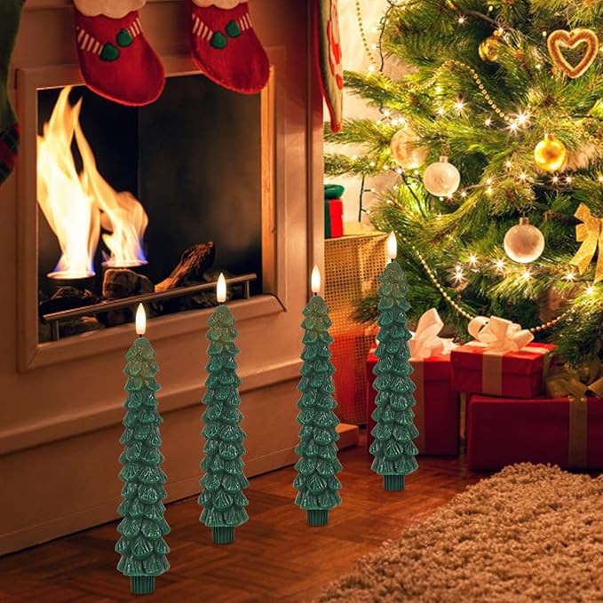 GenSwin Christmas Tree Flameless Taper Candles with Remote Timer, Christmas LED Taper Candles with 3D Flame, 4 Pcs Green LED Candlesticks for Christmas Home Decoration(0.78” x 9.8”)