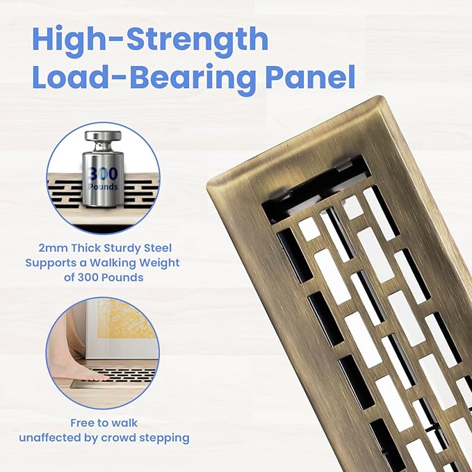 2x10 Inches Heavy Duty Walkable Floor Register - Easy Adjust Air Supply Lever Decorative Floor Vent Covers - Boston Design Vent Covers for Home - Antique Brass