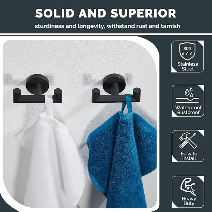 Angle Simple Double Towel Hook Matte Black 2 PCS, Stainless Steel Bathroom Robe Hook, Hand Towel Holder for Wall