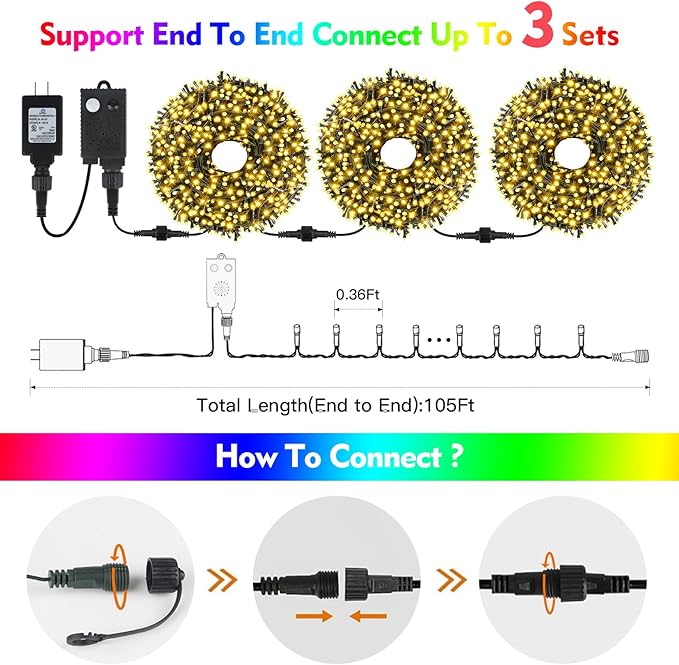 Motion Sensor Music Christmas Lights Outdoor Indoor, 108FT 300LED Christmas Tree Lights, Warm White Christmas String Lights for Tree Party Decorations