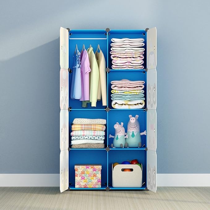 MAGINELS Children Wardrobe Kid Dresser Cute Baby Portable Closet Bedroom Armoire Clothes Hanging Storage Rack Cube Organizer(Blue, 6 Cube & 1 Rod)