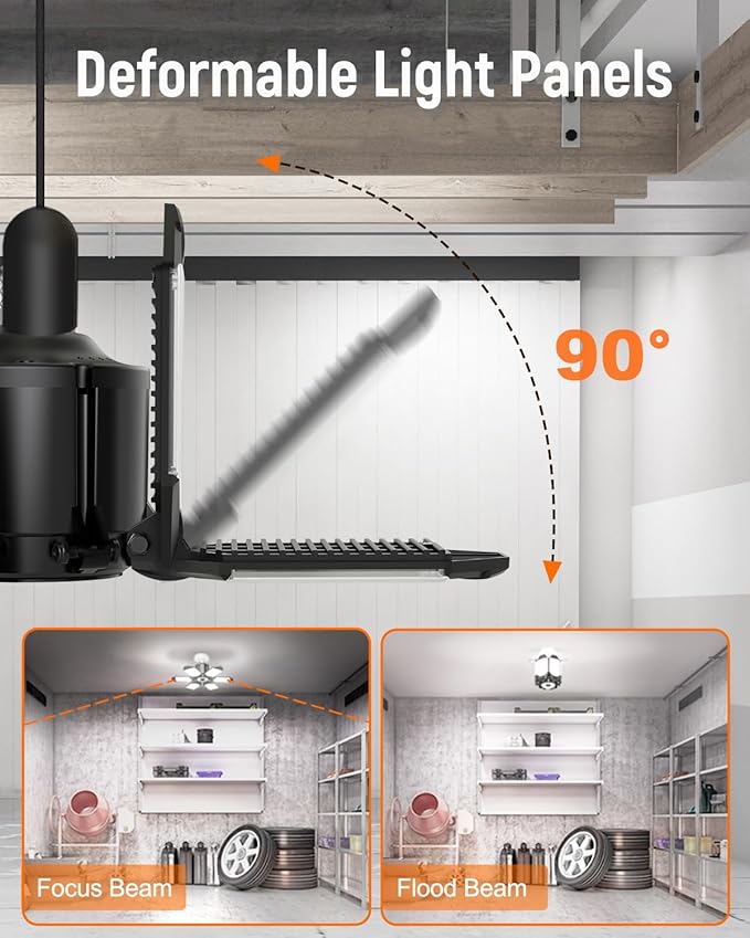 Adiding LED Garage Light 2 Pack, Super Bright 20000Lm Basement Ceiling Lighting w/ 6+1 Deformable Panels Screw in E26 Bulb Base Socket for Workshop Attic Warehouse Utility Laundry Storage Area