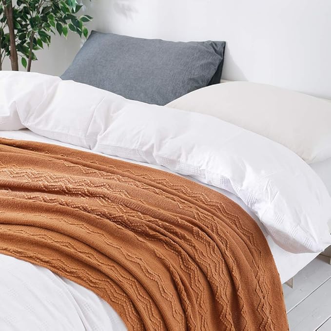 BOURINA Almond Throw Blanket 50 x90 Inches Throw Textured Solid Soft Sofa Throw Bed Runner Couch Cover Knitted Decorative Blanket Bed Runner