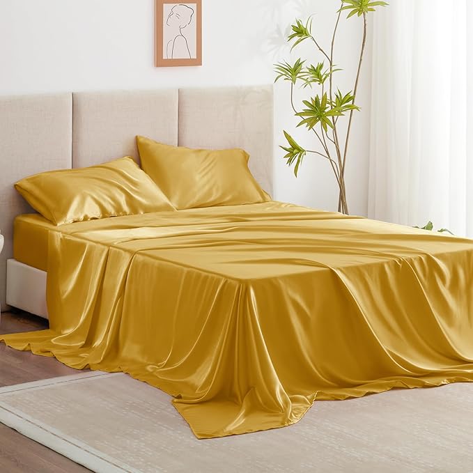 Love's cabin Full Size Satin Sheet Sets - 4 Piece Gold Silky Sheet Set with Deep Pocket, Luxury Silk Feel Satin Sheets Full Bedding Set (1 Flat Sheet,1 Fitted Sheet,2 Pillow Cases)