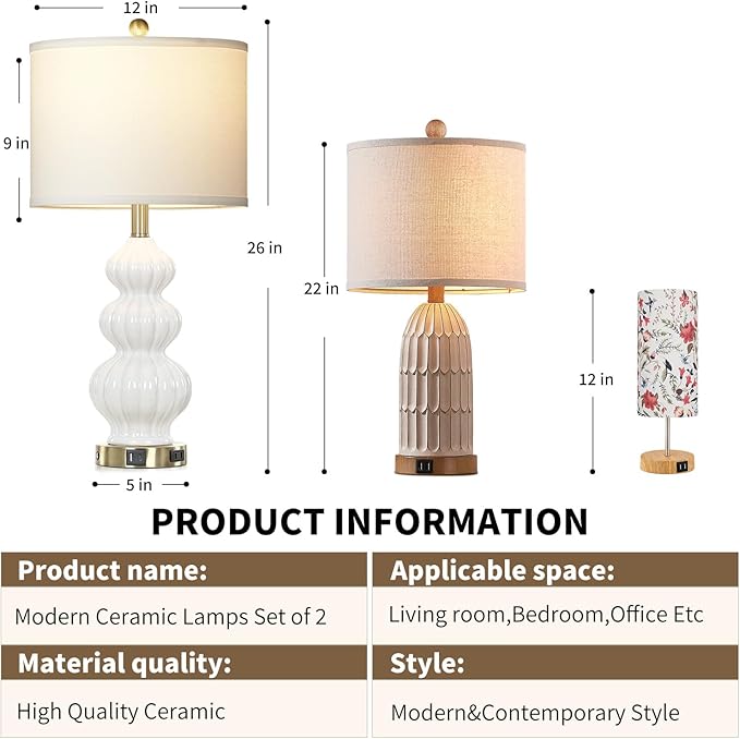Modern White Table Lamps Set of 2 - Bedside Lamps for Night Stands, 26" Triple Gourd Ceramic Lamps for Living Room with USB A+C Ports & AC Outlet,3 Way Touch Lamps for Bedroom (LED Bulbs Included)