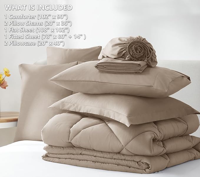 CozyLux King Size Comforter Set Khaki - 7 Pieces Bed in a Bag King, Luxury Soft Bed Set for All Seasons, Bedding Set with Down Alternative Comforter, Sheets, Pillowcases & Shams