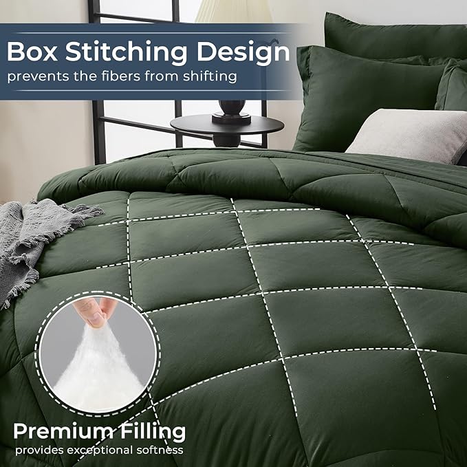 HEVUMYI Army Green Queen Comforter Set - 7-Piece All Season Bed in a Bag Queen, Ultra Soft Bedding Set with Comforter, Flat Sheet, Fitted Sheet, Pillowcases, Pillow Shams