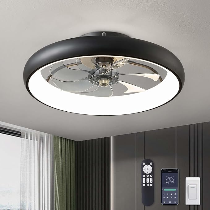 Ceiling Fans with Lights 20'' Flush Mount Fan Remote & APP Control Black Low Profile 6 Wind Speeds Smart Dimmable LED for Bedroom Living Room (Y1095-BK-ELE)