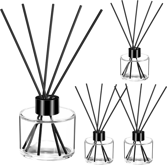 Chunful 4 Sets Reed Diffuser Bottle Empty Refillable Fragrance Glass Diffuser Bottles 100ml Round Glass Jars with Black Caps and Rattan Sticks for Living Room Home Replacement Fragrance DIY Decor