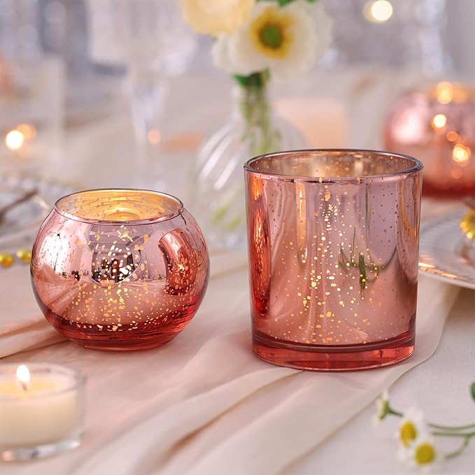 20 Pcs Assorted Rose Gold Candle Holders Bulk, Rose Gold Birthday Decorations for Table, Larger Size Mercury Glass Candle Holders for Wedding, Votive Holders for Valentines, Bridal Shower