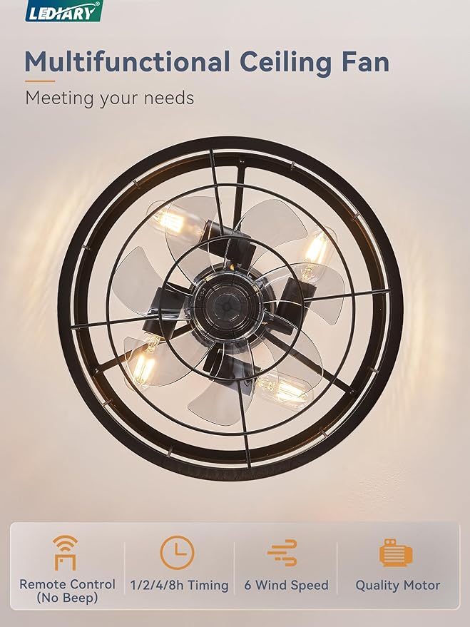 LEDIARY 16.5 inch Black Caged Ceiling Fan with Light, Fandelier Industrial Ceiling Fan with Remote, Farmhouse Fan Lights Ceiling Fixtures for Kitchen, Bedroom, Outdoor（6 Speed, Timing）-Black