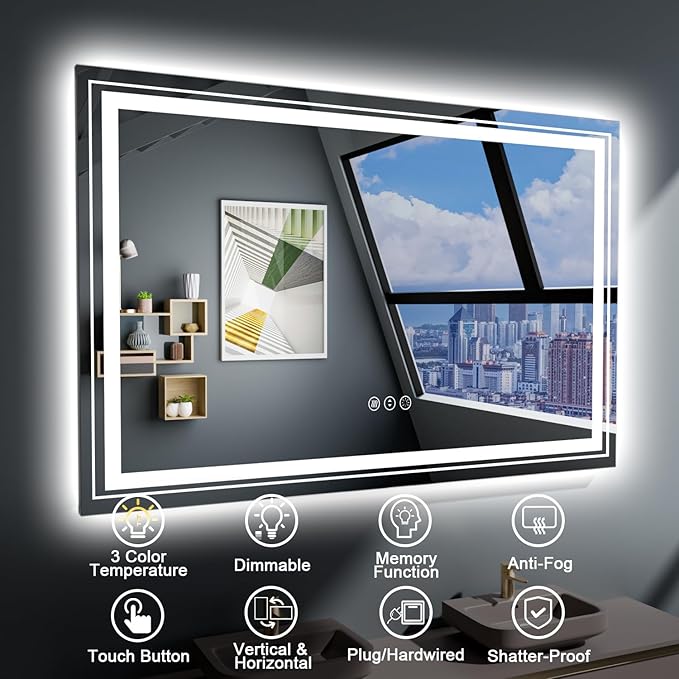 39x31 LED Bathroom Mirror with Front and Backlight, Dimmable Lighted Bathroom Vanity Mirror with Anti-Fog, Memory Function,Tempered Glass(Horizontal/Vertical)