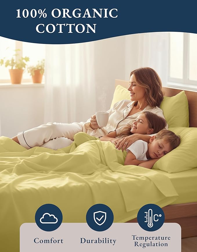 LANE LINEN Eco Friendly 100% Organic Cotton Fully Elasticized Twin XL Sheet Set, Low Pilling Fade Resistant Machine Washable Extra Long Twin Bedding Set, Soft & Comfy Cotton Sheets- Cocoon