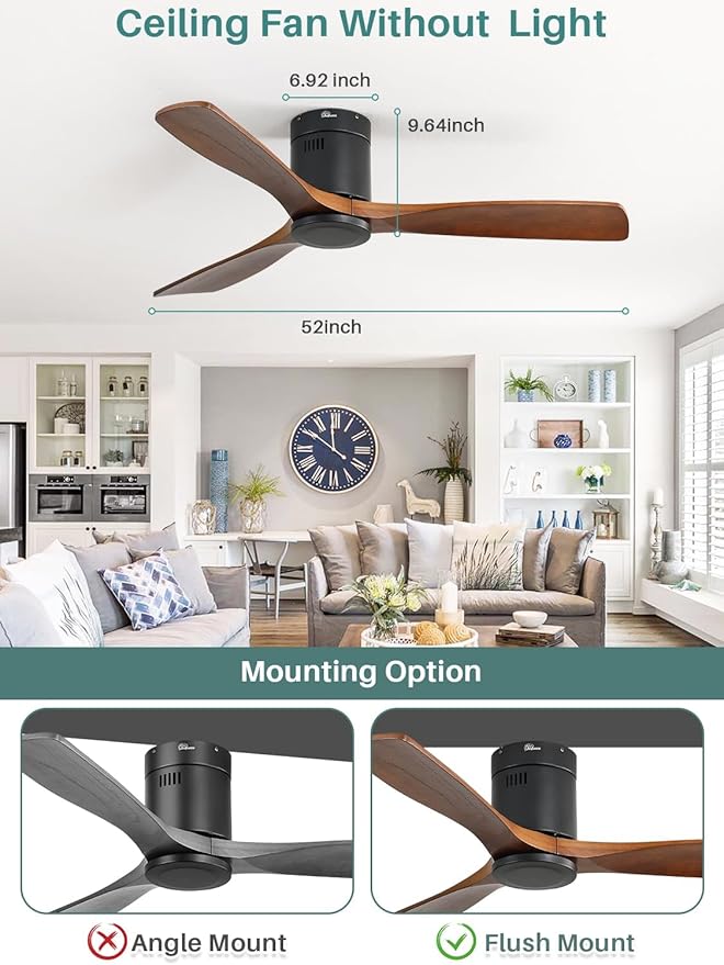Sofucor 52 Inch Smart Ceiling Fan Without Lights Flush Mount Solid Wood Ceiling Fan with Alexa/Google Assistant/APP/Remote Control-Modern Outdoor Ceiling Fans No Light for Bedroom/Patio, Brown Black