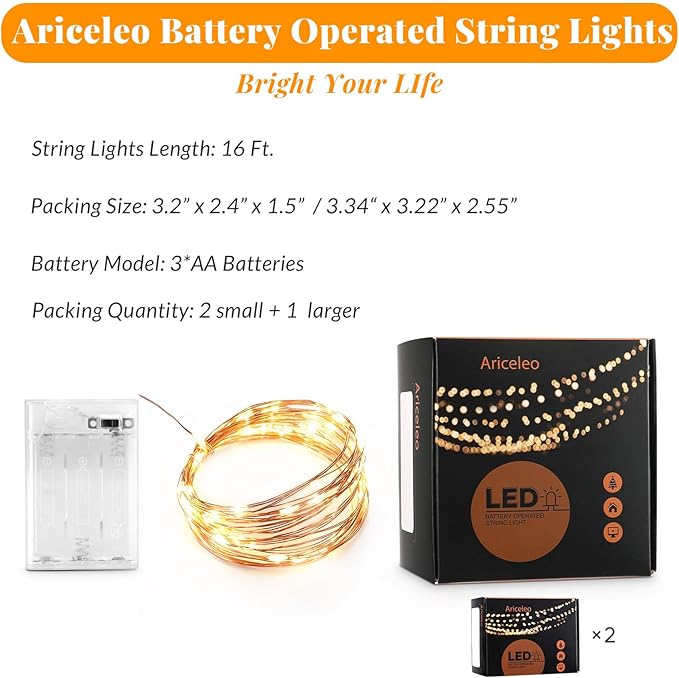 Led Fairy Lights Battery Operated, 2 Packs Mini Battery Powered Copper Wire Starry Fairy Lights for Bedroom, Christmas, Parties, Wedding, Centerpiece, Decoration (5m/16ft Warm White)