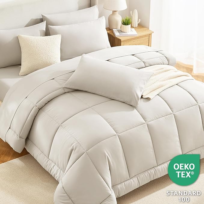 CozyLux Oversized King Comforter Sets Beige, 7 Pieces Bed in a Bag, Ultra-Soft All Season Bedding Sets with Stitch Quilted Comforter, Flat Sheet, Fitted Sheet, Pillowcases, Beige