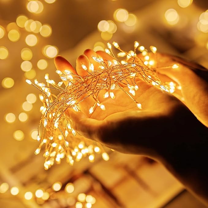 Fairy Lights Plug in, 10Ft 200LED Firecracker Firefly Lights, 8 Lighting Modes, Waterproof Copper Wire Cluster String Lights for Ceiling Bedroom Window Christmas Tree Decoration, Warm White