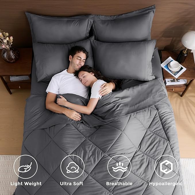 HEVUMYI 7 Pieces Queen Comforter Set, All Season Reversible Bed in a Bag, Ultra Soft Queen Bedding Set with Grey Comforter, Flat Sheet, Fitted Sheet, Pillowcases, Pillow Shams, Dark Grey
